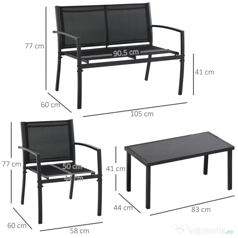 Outsunny Set de Gradina 4 bucati cu Masuta de cafea, 2 Scaune si o Panca in Metal, Negru | Aosom Romania
