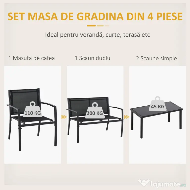 Outsunny Set de Gradina 4 bucati cu Masuta de cafea, 2 Scaune si o Panca in Metal, Negru | Aosom Romania
