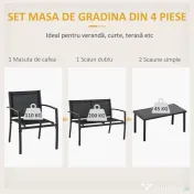 Outsunny Set de Gradina 4 bucati cu Masuta de cafea, 2 Scaune si o Panca in Metal, Negru | Aosom Romania