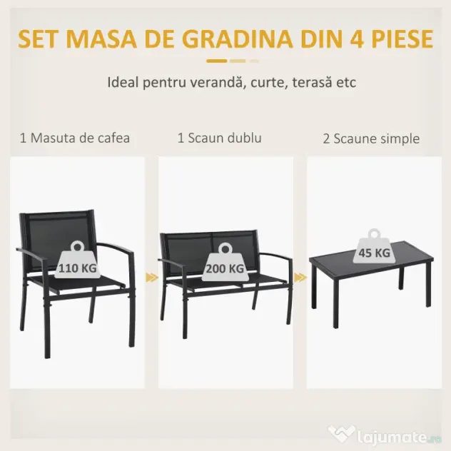 Outsunny Set de Gradina 4 bucati cu Masuta de cafea, 2 Scaune si o Panca in Metal, Negru | Aosom Romania