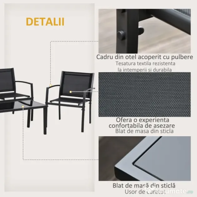 Outsunny Set de Gradina 4 bucati cu Masuta de cafea, 2 Scaune si o Panca in Metal, Negru | Aosom Romania
