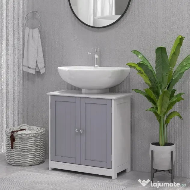 Kleankin Dulap Sub Chiuvetă Baie U-Shape 2 Uși Etajeră Reglabilă MDF Alb Gri 60x30x60cm | Aosom Romania