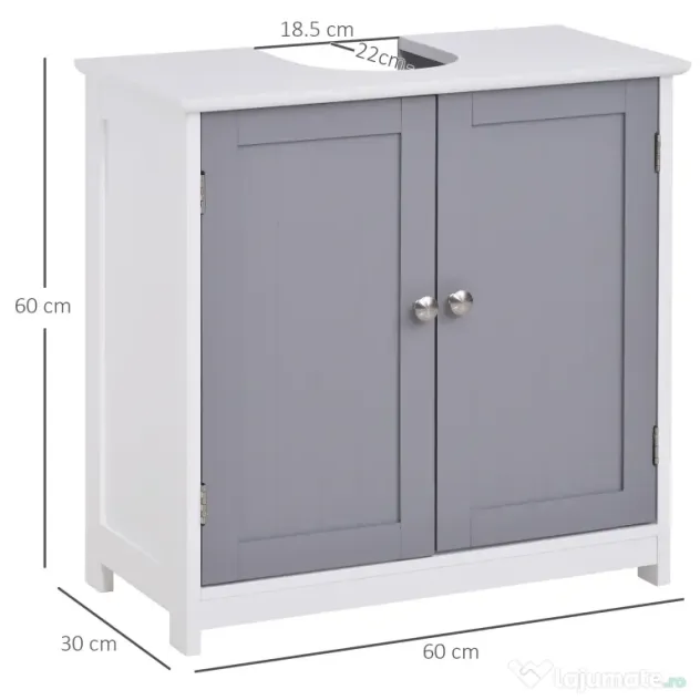 Kleankin Dulap Sub Chiuvetă Baie U-Shape 2 Uși Etajeră Reglabilă MDF Alb Gri 60x30x60cm | Aosom Romania