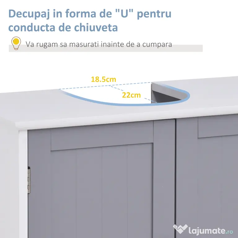 Kleankin Dulap Sub Chiuvetă Baie U-Shape 2 Uși Etajeră Reglabilă MDF Alb Gri 60x30x60cm | Aosom Romania