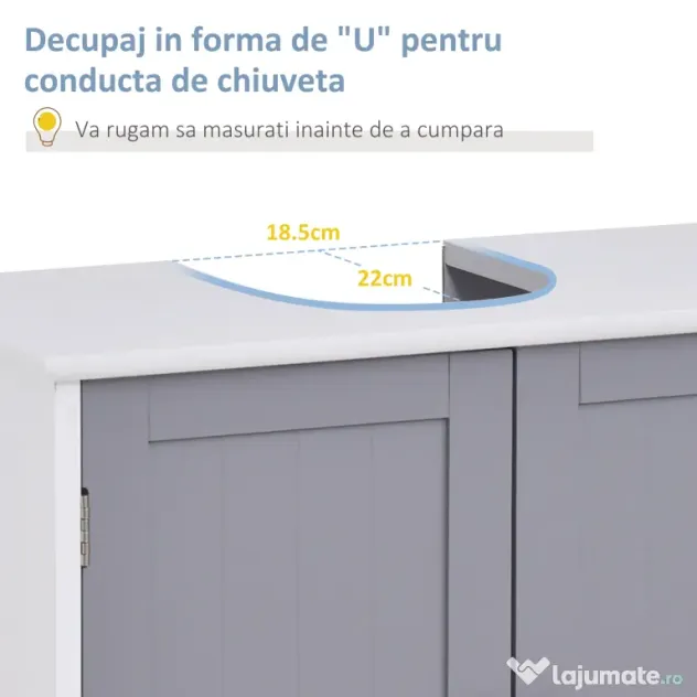 Kleankin Dulap Sub Chiuvetă Baie U-Shape 2 Uși Etajeră Reglabilă MDF Alb Gri 60x30x60cm | Aosom Romania