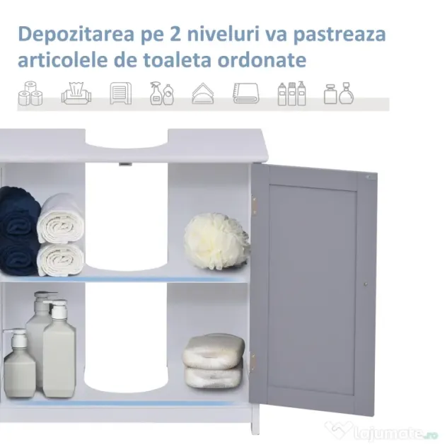 Kleankin Dulap Sub Chiuvetă Baie U-Shape 2 Uși Etajeră Reglabilă MDF Alb Gri 60x30x60cm | Aosom Romania