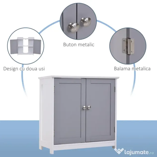 Kleankin Dulap Sub Chiuvetă Baie U-Shape 2 Uși Etajeră Reglabilă MDF Alb Gri 60x30x60cm | Aosom Romania