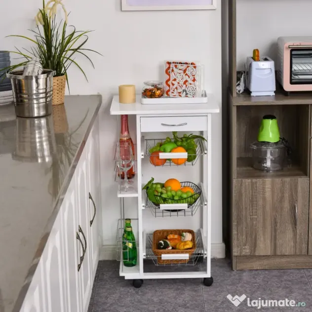 Carucior de Bucatarie, Lemn de Pin Alb, 4 Roti, Sertar, Cosuri Detasabile, 47x37x83cm HOMCOM | Aosom Romania
