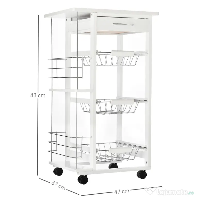 Carucior de Bucatarie, Lemn de Pin Alb, 4 Roti, Sertar, Cosuri Detasabile, 47x37x83cm HOMCOM | Aosom Romania