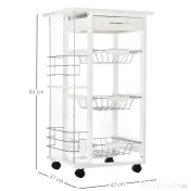 Carucior de Bucatarie, Lemn de Pin Alb, 4 Roti, Sertar, Cosuri Detasabile, 47x37x83cm HOMCOM | Aosom Romania 