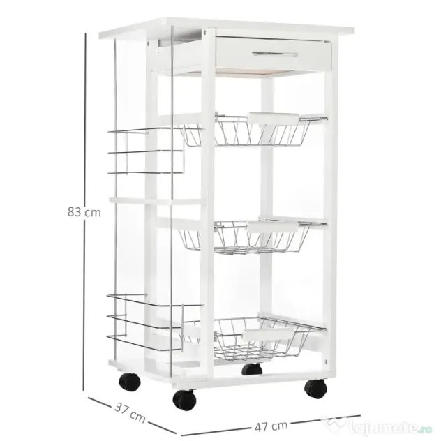 Carucior de Bucatarie, Lemn de Pin Alb, 4 Roti, Sertar, Cosuri Detasabile, 47x37x83cm HOMCOM | Aosom Romania