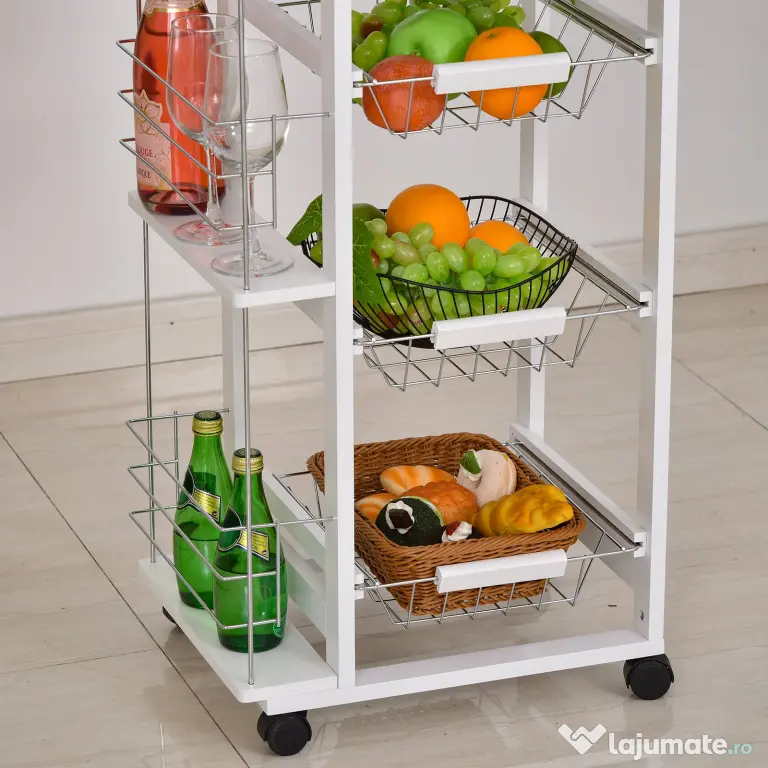 Carucior de Bucatarie, Lemn de Pin Alb, 4 Roti, Sertar, Cosuri Detasabile, 47x37x83cm HOMCOM | Aosom Romania