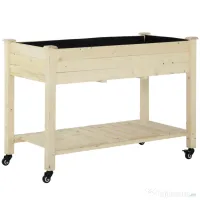 Outsunny Pat Grădină Legume Înălțat Lemn cu Roți, Jardiniera Înălțată cu Raft Inferior, 118x55x83cm, Natural | Aosom Romania