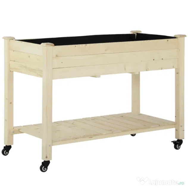 Outsunny Pat Grădină Legume Înălțat Lemn cu Roți, Jardiniera Înălțată cu Raft Inferior, 118x55x83cm, Natural | Aosom Romania