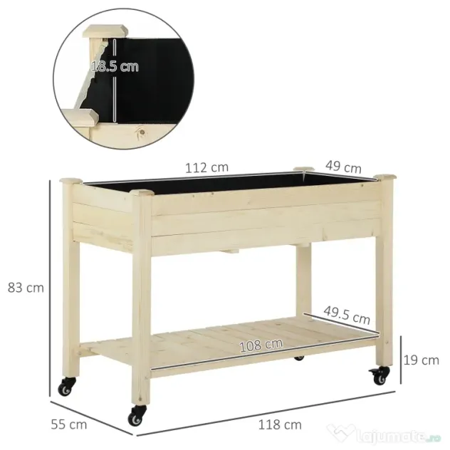 Outsunny Pat Grădină Legume Înălțat Lemn cu Roți, Jardiniera Înălțată cu Raft Inferior, 118x55x83cm, Natural | Aosom Romania