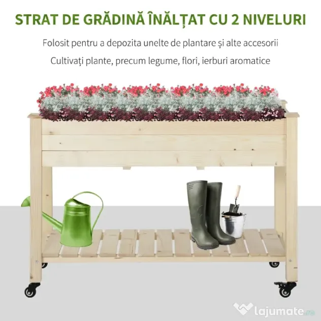 Outsunny Pat Grădină Legume Înălțat Lemn cu Roți, Jardiniera Înălțată cu Raft Inferior, 118x55x83cm, Natural | Aosom Romania