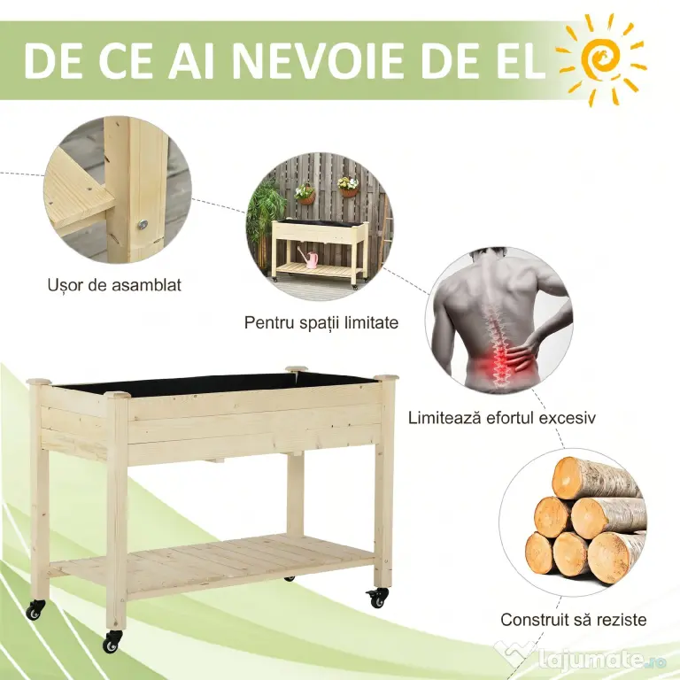Outsunny Pat Grădină Legume Înălțat Lemn cu Roți, Jardiniera Înălțată cu Raft Inferior, 118x55x83cm, Natural | Aosom Romania