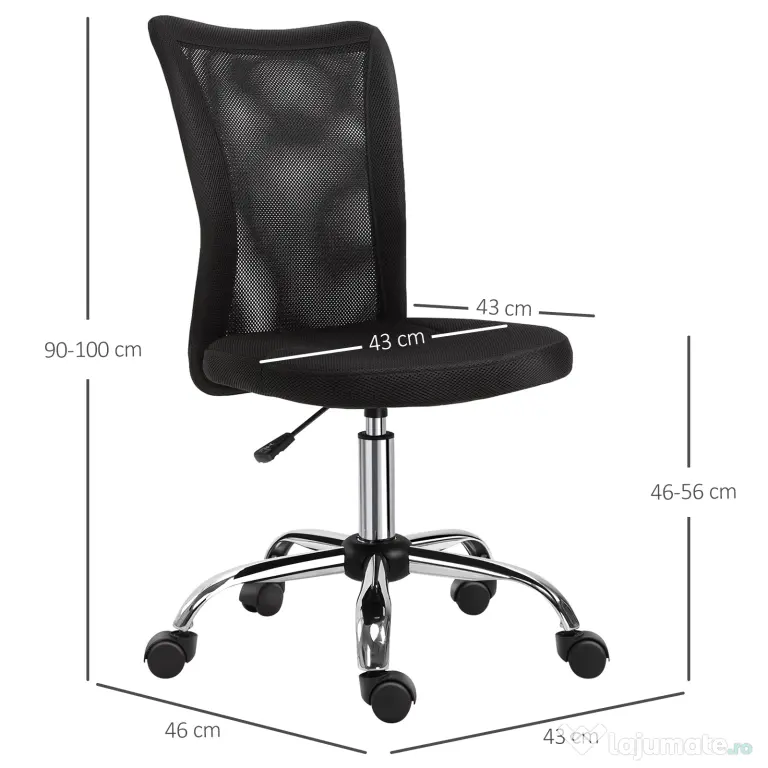 Vinsetto Scaun de Birou Ergonomic Rotativ Fara Cotiere, Inaltime Ajustabila cu 5 Roti Spatar Transpirant, Negru, 43x46x100cm | Aosom Romania