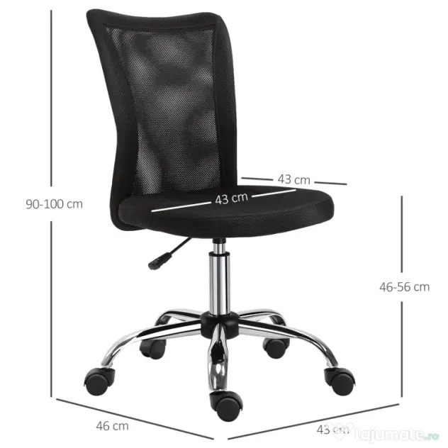 Vinsetto Scaun de Birou Ergonomic Rotativ Fara Cotiere, Inaltime Ajustabila cu 5 Roti Spatar Transpirant, Negru, 43x46x100cm | Aosom Romania