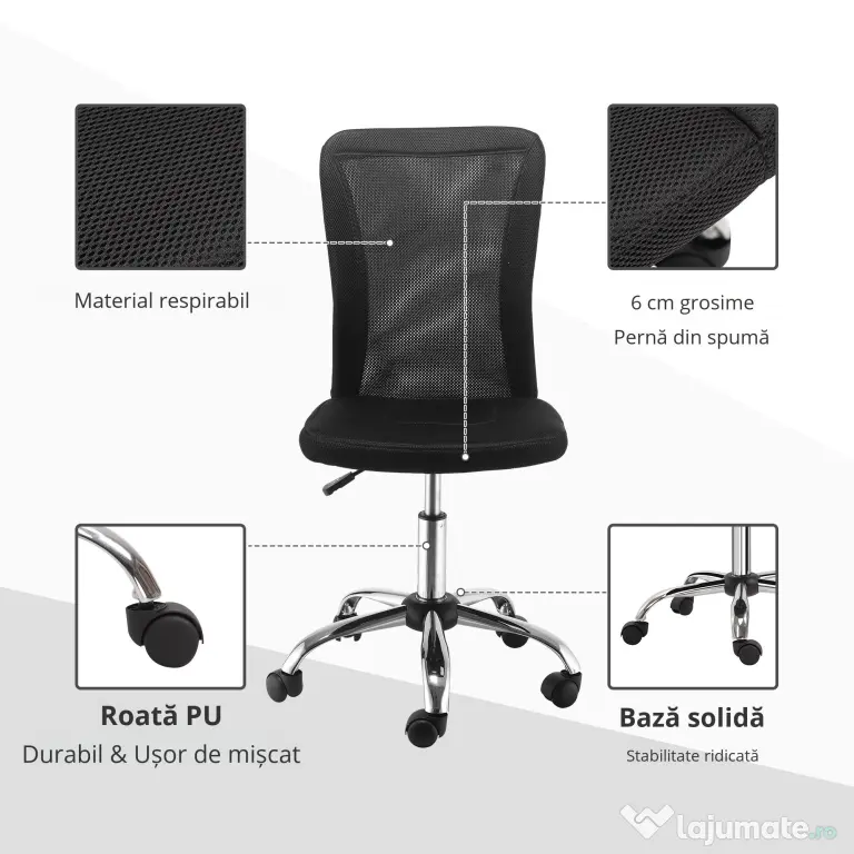 Vinsetto Scaun de Birou Ergonomic Rotativ Fara Cotiere, Inaltime Ajustabila cu 5 Roti Spatar Transpirant, Negru, 43x46x100cm | Aosom Romania