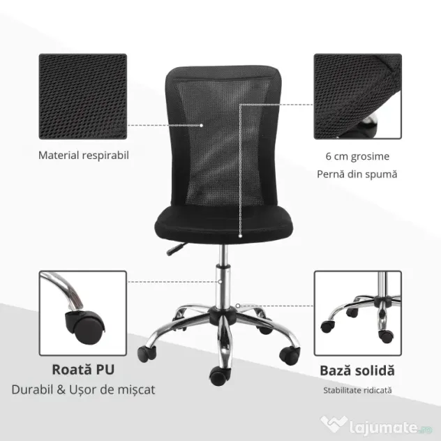Vinsetto Scaun de Birou Ergonomic Rotativ Fara Cotiere, Inaltime Ajustabila cu 5 Roti Spatar Transpirant, Negru, 43x46x100cm | Aosom Romania
