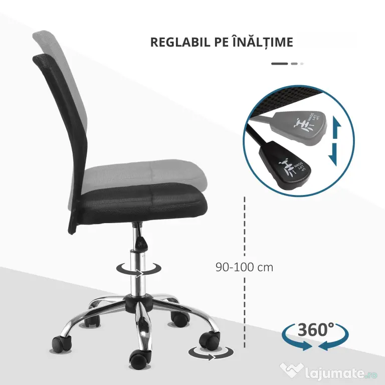 Vinsetto Scaun de Birou Ergonomic Rotativ Fara Cotiere, Inaltime Ajustabila cu 5 Roti Spatar Transpirant, Negru, 43x46x100cm | Aosom Romania