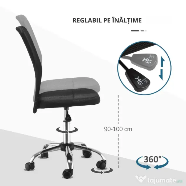 Vinsetto Scaun de Birou Ergonomic Rotativ Fara Cotiere, Inaltime Ajustabila cu 5 Roti Spatar Transpirant, Negru, 43x46x100cm | Aosom Romania