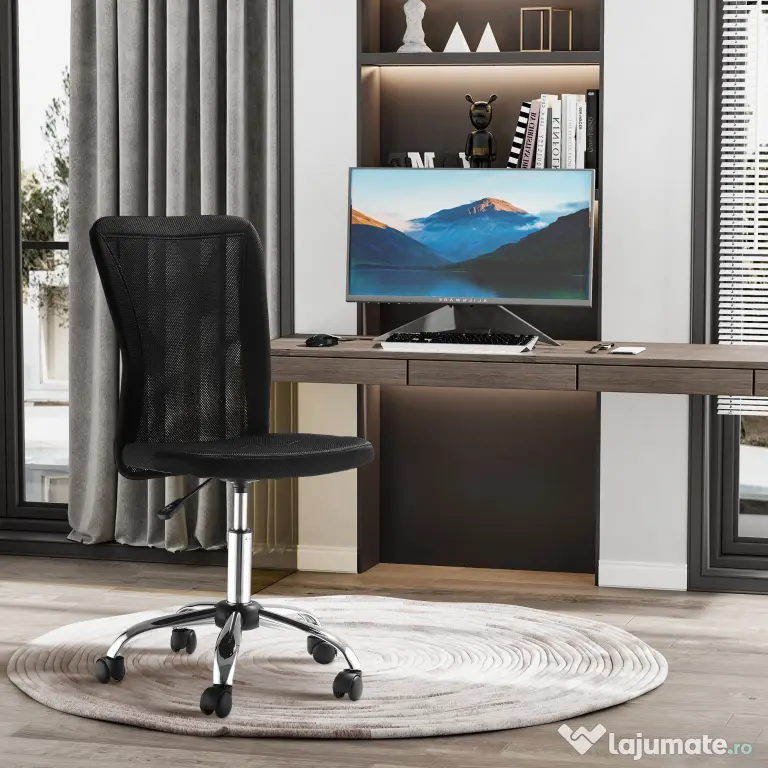 Vinsetto Scaun de Birou Ergonomic Rotativ Fara Cotiere, Inaltime Ajustabila cu 5 Roti Spatar Transpirant, Negru, 43x46x100cm | Aosom Romania