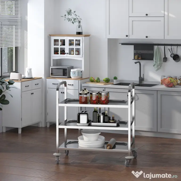 HOMCOM Cărucior pentru Bucătărie cu 3 Rafturi din Oțel Inoxidabil Design Modern și Mobil | Aosom Romania