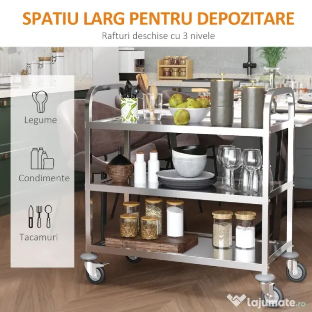HOMCOM Cărucior pentru Bucătărie cu 3 Rafturi din Oțel Inoxidabil Design Modern și Mobil | Aosom Romania