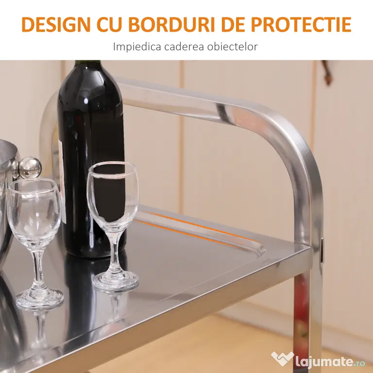 HOMCOM Cărucior pentru Bucătărie cu 3 Rafturi din Oțel Inoxidabil Design Modern și Mobil | Aosom Romania