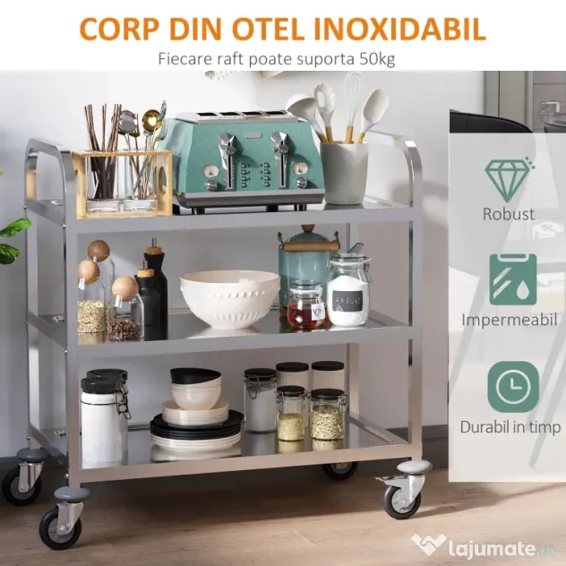 HOMCOM Cărucior pentru Bucătărie cu 3 Rafturi din Oțel Inoxidabil Design Modern și Mobil | Aosom Romania