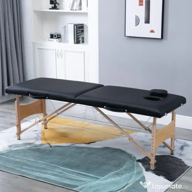 HOMCOM Masă pentru Masaj Portabilă cu Înălțime Reglabilă, Pernă Detașabilă, Mâner și Geantă, 186x60x58-81 cm, Negru | Aosom Romania