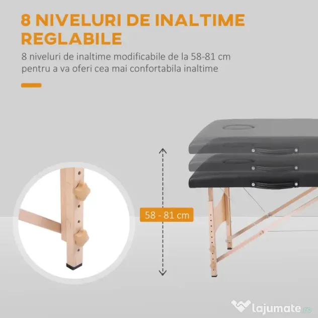 HOMCOM Masă pentru Masaj Portabilă cu Înălțime Reglabilă, Pernă Detașabilă, Mâner și Geantă, 186x60x58-81 cm, Negru | Aosom Romania