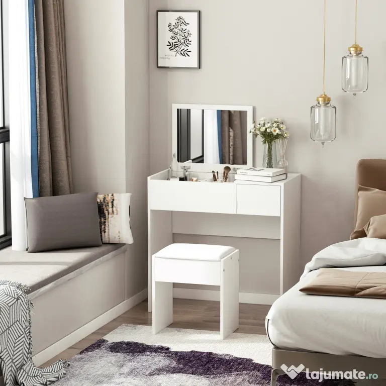 HOMCOM Set Mobilier pentru Toaletă cu Oglindă, Taburet și Sertar, Design Elegant, Masa Consola Alb | Aosom Romania