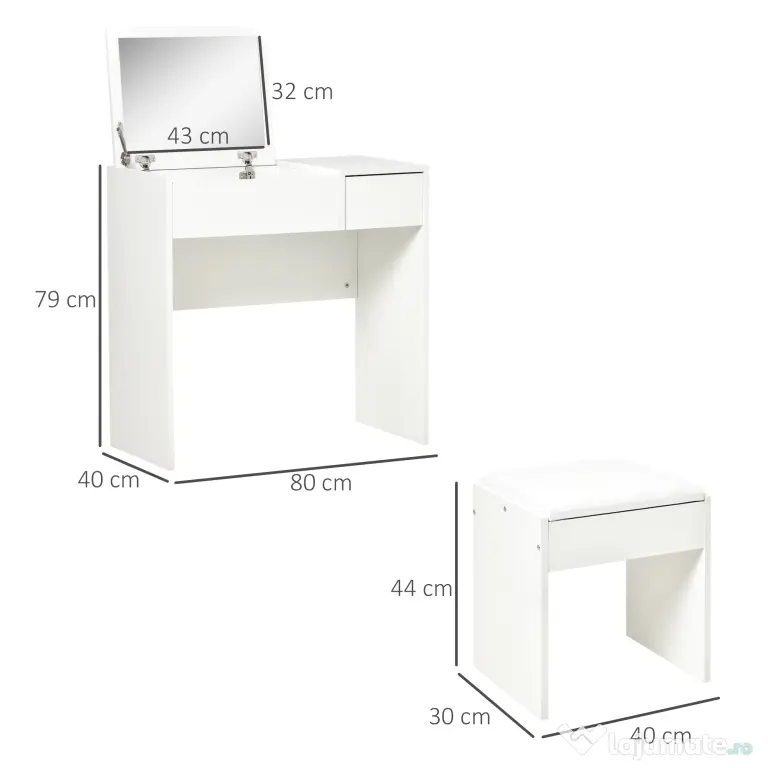 HOMCOM Set Mobilier pentru Toaletă cu Oglindă, Taburet și Sertar, Design Elegant, Masa Consola Alb | Aosom Romania