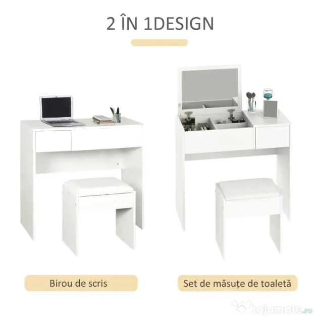 HOMCOM Set Mobilier pentru Toaletă cu Oglindă, Taburet și Sertar, Design Elegant, Masa Consola Alb | Aosom Romania