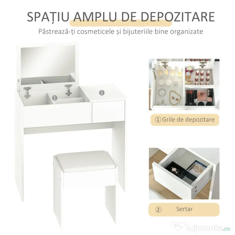 HOMCOM Set Mobilier pentru Toaletă cu Oglindă, Taburet și Sertar, Design Elegant, Masa Consola Alb | Aosom Romania