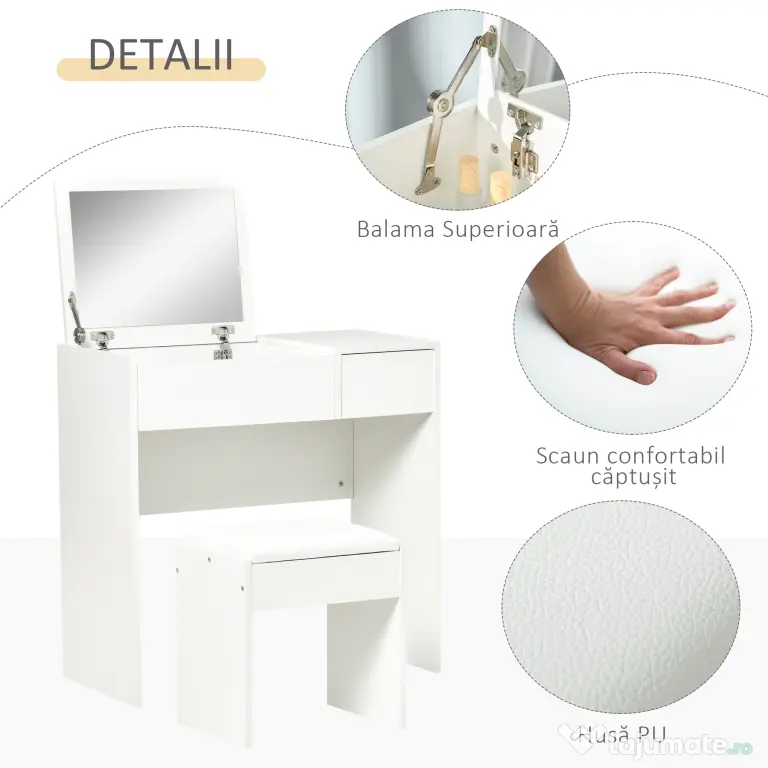 HOMCOM Set Mobilier pentru Toaletă cu Oglindă, Taburet și Sertar, Design Elegant, Masa Consola Alb | Aosom Romania