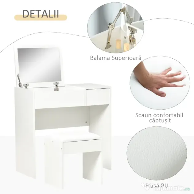 HOMCOM Set Mobilier pentru Toaletă cu Oglindă, Taburet și Sertar, Design Elegant, Masa Consola Alb | Aosom Romania
