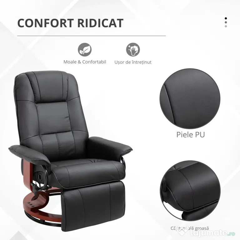 HOMCOM Fotoliu Rabatabil Manual 145° cu Suport pentru Picioare Imitație de Piele Negru | Aosom Romania