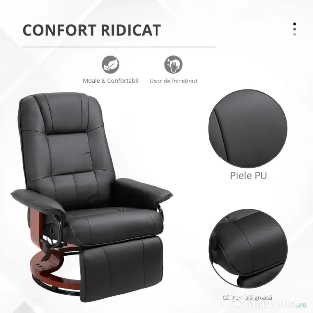 HOMCOM Fotoliu Rabatabil Manual 145° cu Suport pentru Picioare Imitație de Piele Negru | Aosom Romania