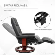 HOMCOM Fotoliu Rabatabil Manual 145° cu Suport pentru Picioare Imitație de Piele Negru | Aosom Romania 