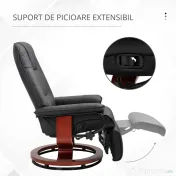HOMCOM Fotoliu Rabatabil Manual 145° cu Suport pentru Picioare Imitație de Piele Negru | Aosom Romania 