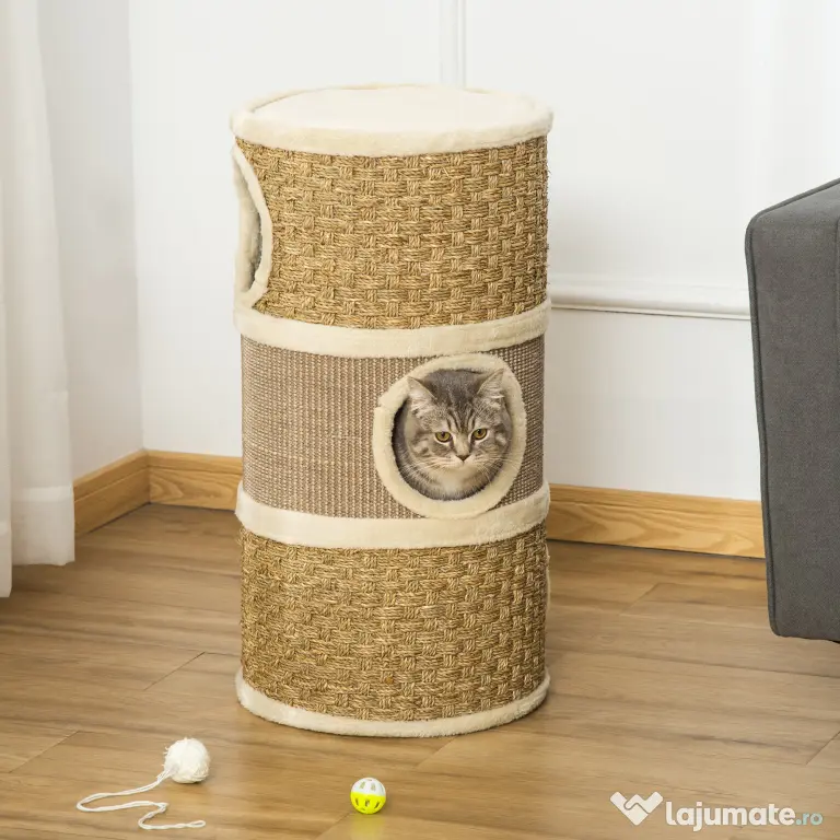 PawHut Casă Pat pentru Pisici, Stâlp Zgâriat, Sisal, Alga Marină, Margine Plus, 37.5x37.5x70 cm, Kaki-Maro | Aosom Romania