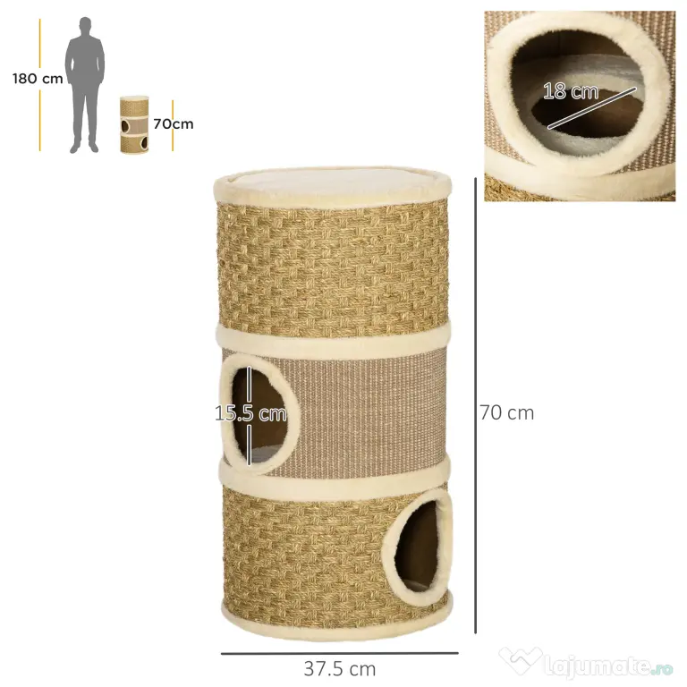 PawHut Casă Pat pentru Pisici, Stâlp Zgâriat, Sisal, Alga Marină, Margine Plus, 37.5x37.5x70 cm, Kaki-Maro | Aosom Romania