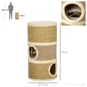 PawHut Casă Pat pentru Pisici, Stâlp Zgâriat, Sisal, Alga Marină, Margine Plus, 37.5x37.5x70 cm, Kaki-Maro | Aosom Romania 