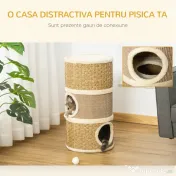 PawHut Casă Pat pentru Pisici, Stâlp Zgâriat, Sisal, Alga Marină, Margine Plus, 37.5x37.5x70 cm, Kaki-Maro | Aosom Romania 