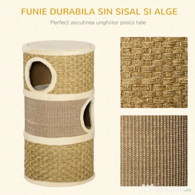 PawHut Casă Pat pentru Pisici, Stâlp Zgâriat, Sisal, Alga Marină, Margine Plus, 37.5x37.5x70 cm, Kaki-Maro | Aosom Romania
