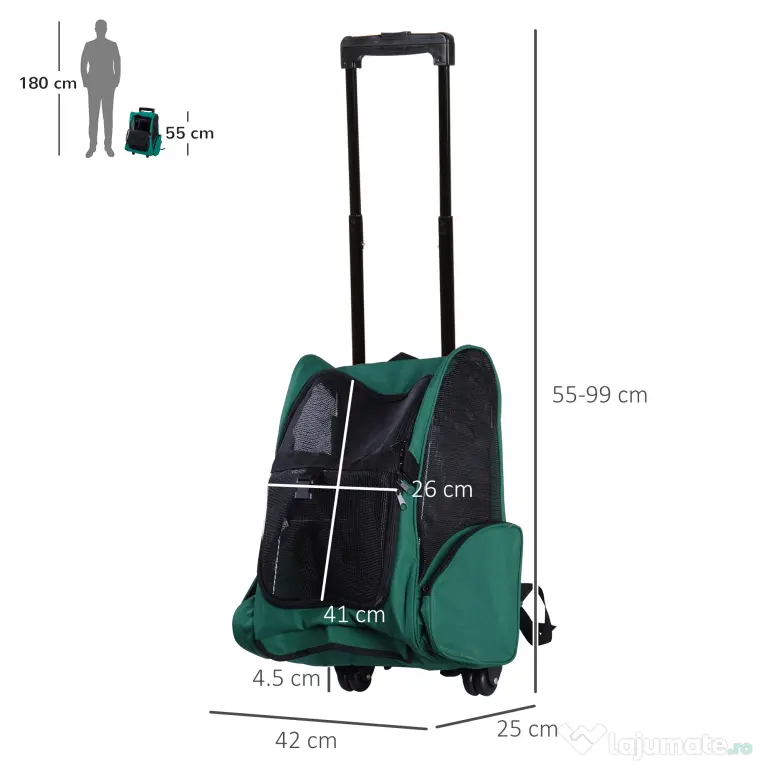 PawHut Trolley Rucsac Verde pentru Călătorii cu Animale de Companie, Confortabil și Sigur | Aosom Romania